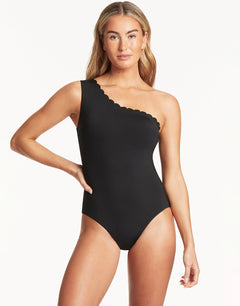 Scallop Wide Strap Diagonal Swimsuit - Black - Simply Beach UK