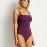 Scalloped Square Neck Bralette Swimsuit - Claret