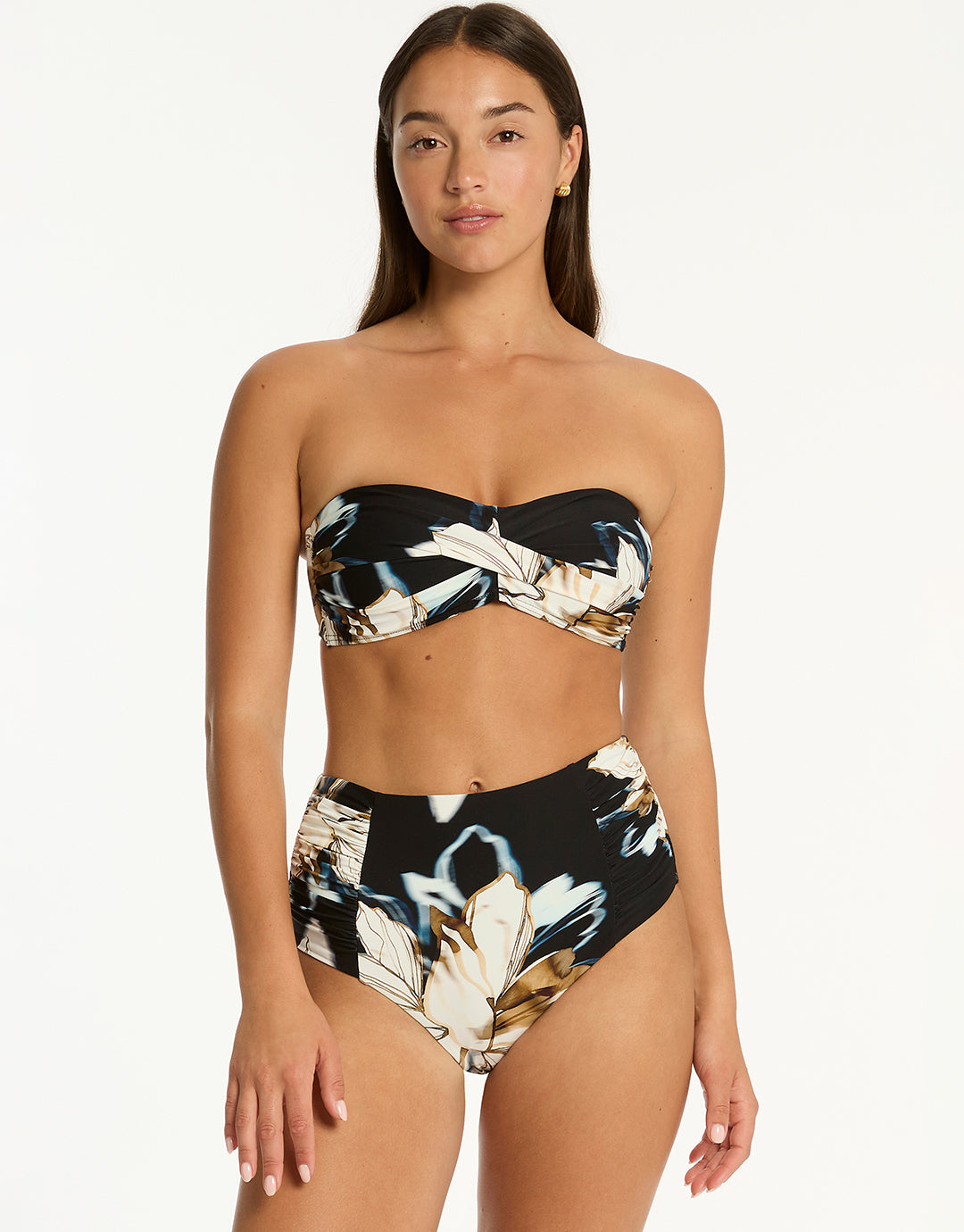 La Luna High Waist Gathered Side Bikini Pant - Black - Simply Beach UK