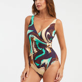 Telma Wrap Swimsuit - Turquoise and Brown - Simply Beach UK