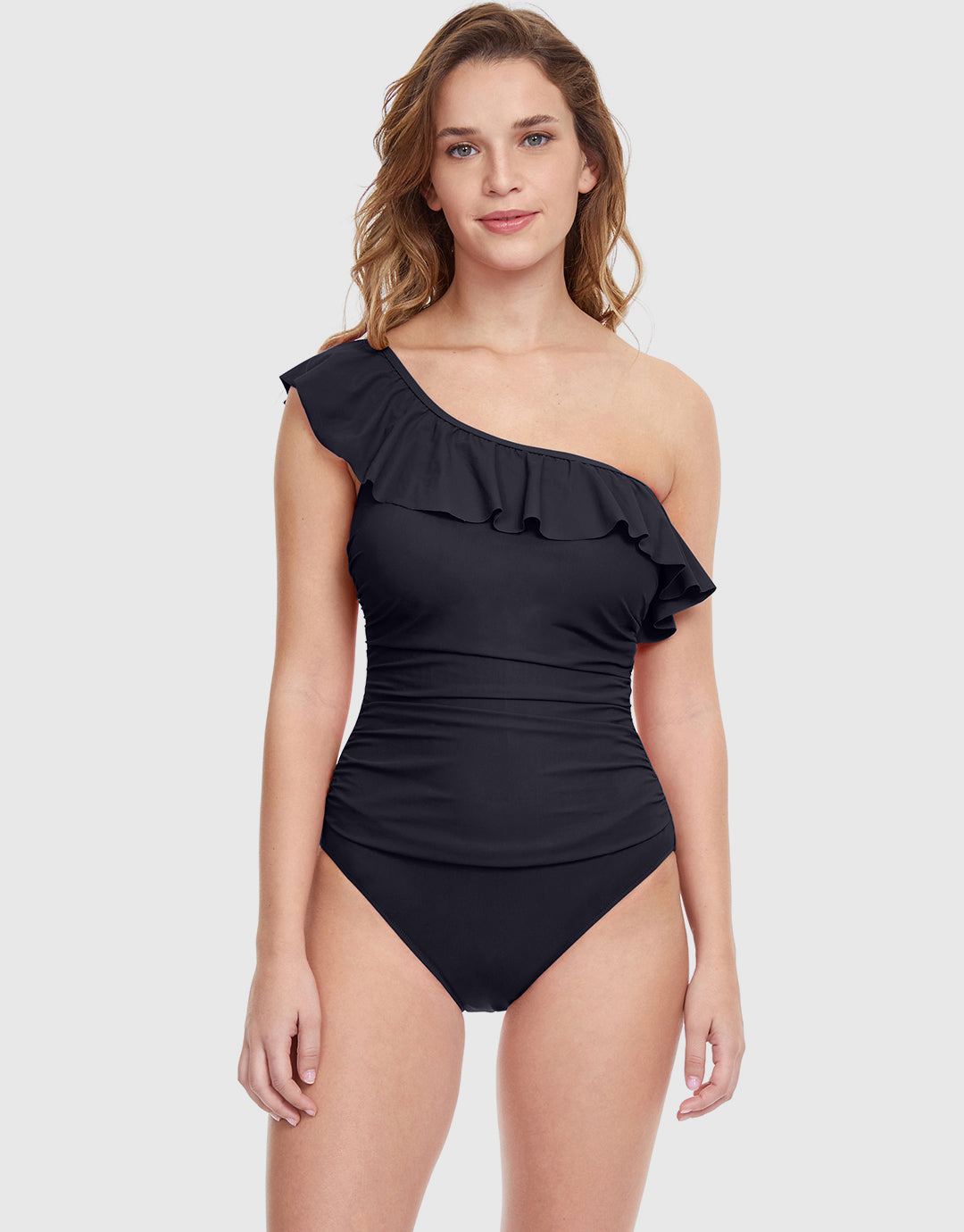 Profile Tutti Frutti Ruffle One Shoulder Swimsuit - Black - Simply Beach UK