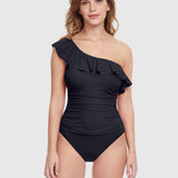 Profile Tutti Frutti Ruffle One Shoulder Swimsuit - Black - Simply Beach UK
