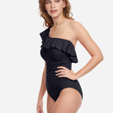 Profile Tutti Frutti Ruffle One Shoulder Swimsuit - Black - Simply Beach UK