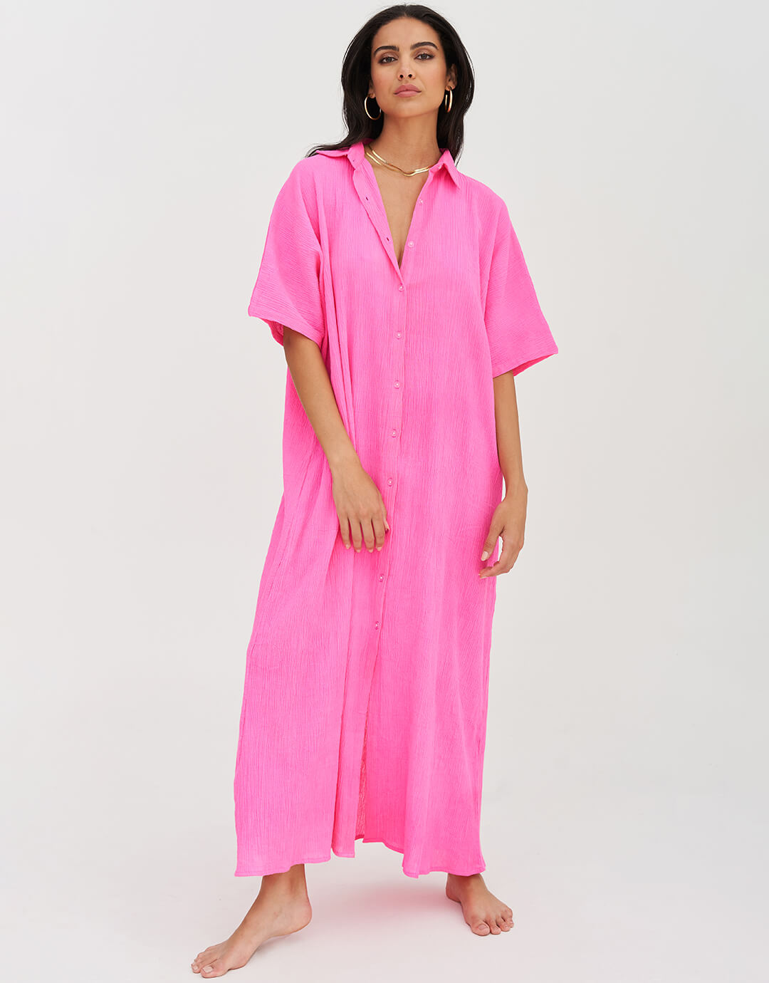 Crinkle Button Down Dress - Hot Pink - Simply Beach UK