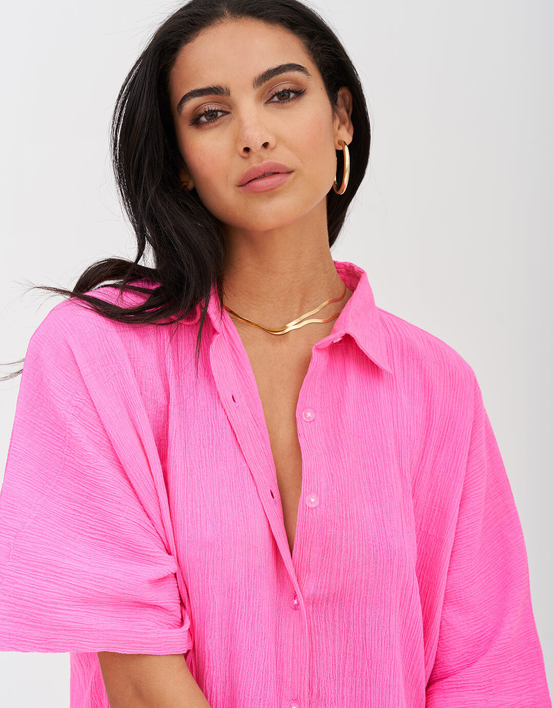Crinkle Button Down Dress - Hot Pink - Simply Beach UK