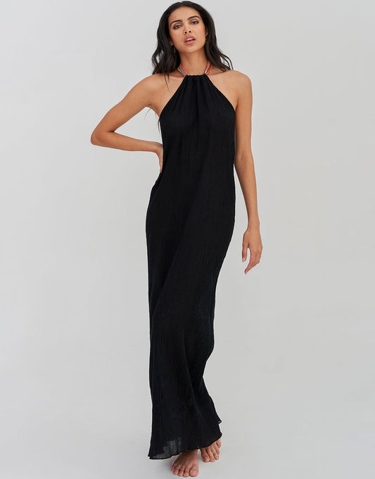 Crinkle Halter Dress - Black - Simply Beach UK