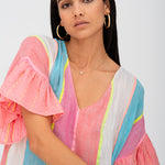 Contrast Ruffle Sleeve V Neck Dress - Multi - Simply Beach UK