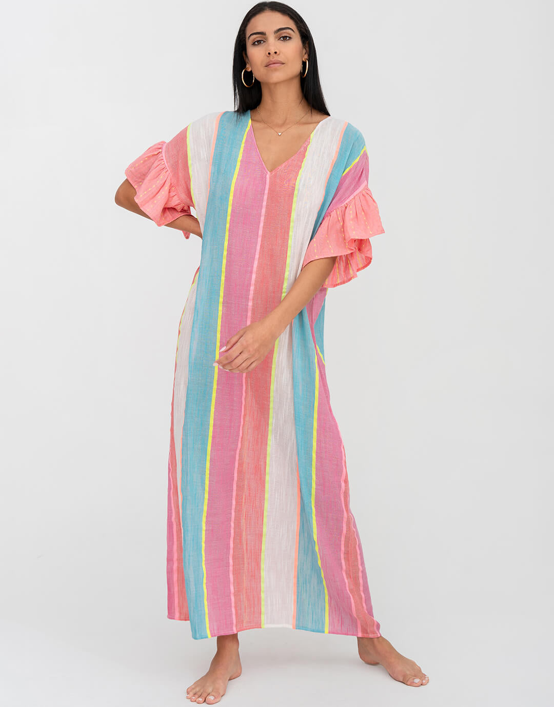 Contrast Ruffle Sleeve V Neck Dress - Multi - Simply Beach UK