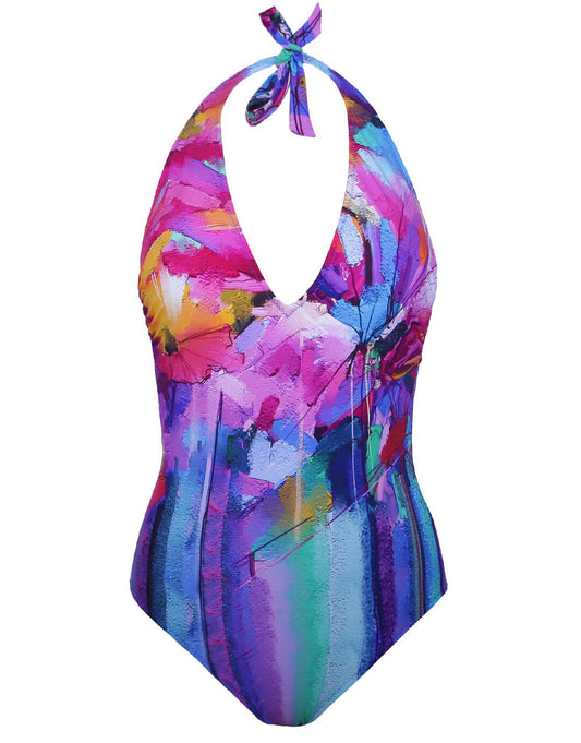 Italian Summer V Neck Halter Swimsuit - Multi - Simply Beach UK