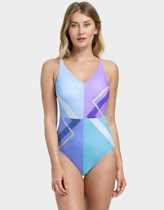 Gottex Modern Art V Neck Tank Swimsuit - Multi Blue