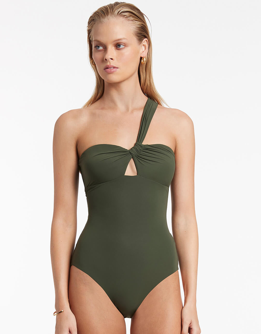 Jetset Gathered One Shoulder Swimsuit - Olive - Simply Beach UK