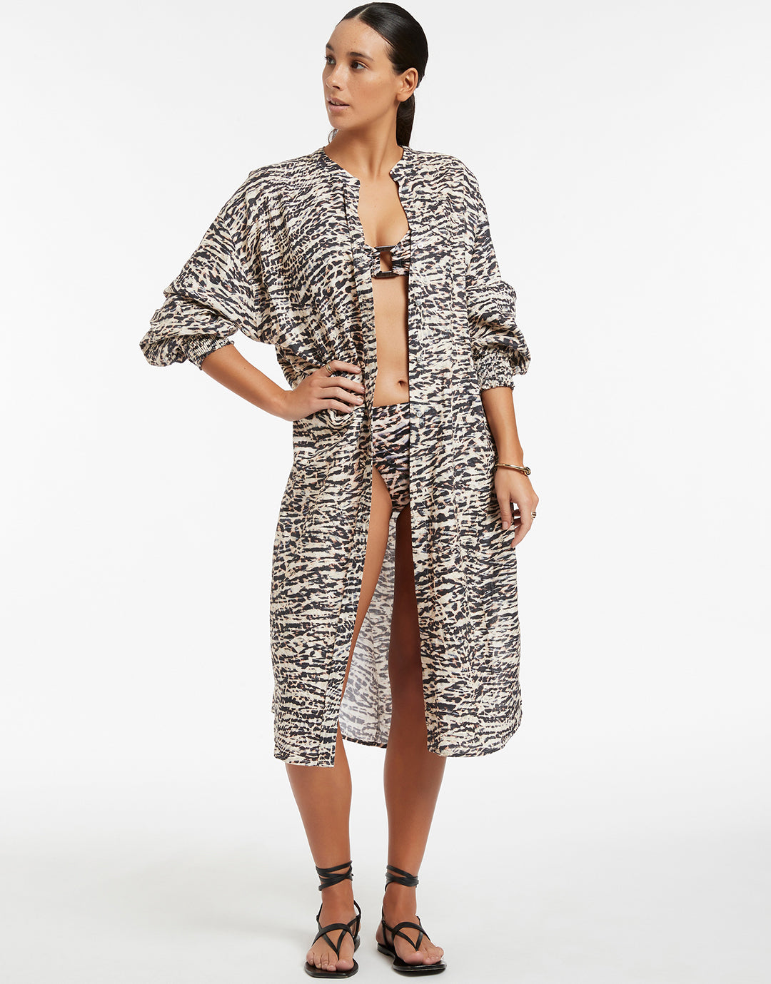 Sahara Shirred Cuff Shirtdress - Animal - Simply Beach UK