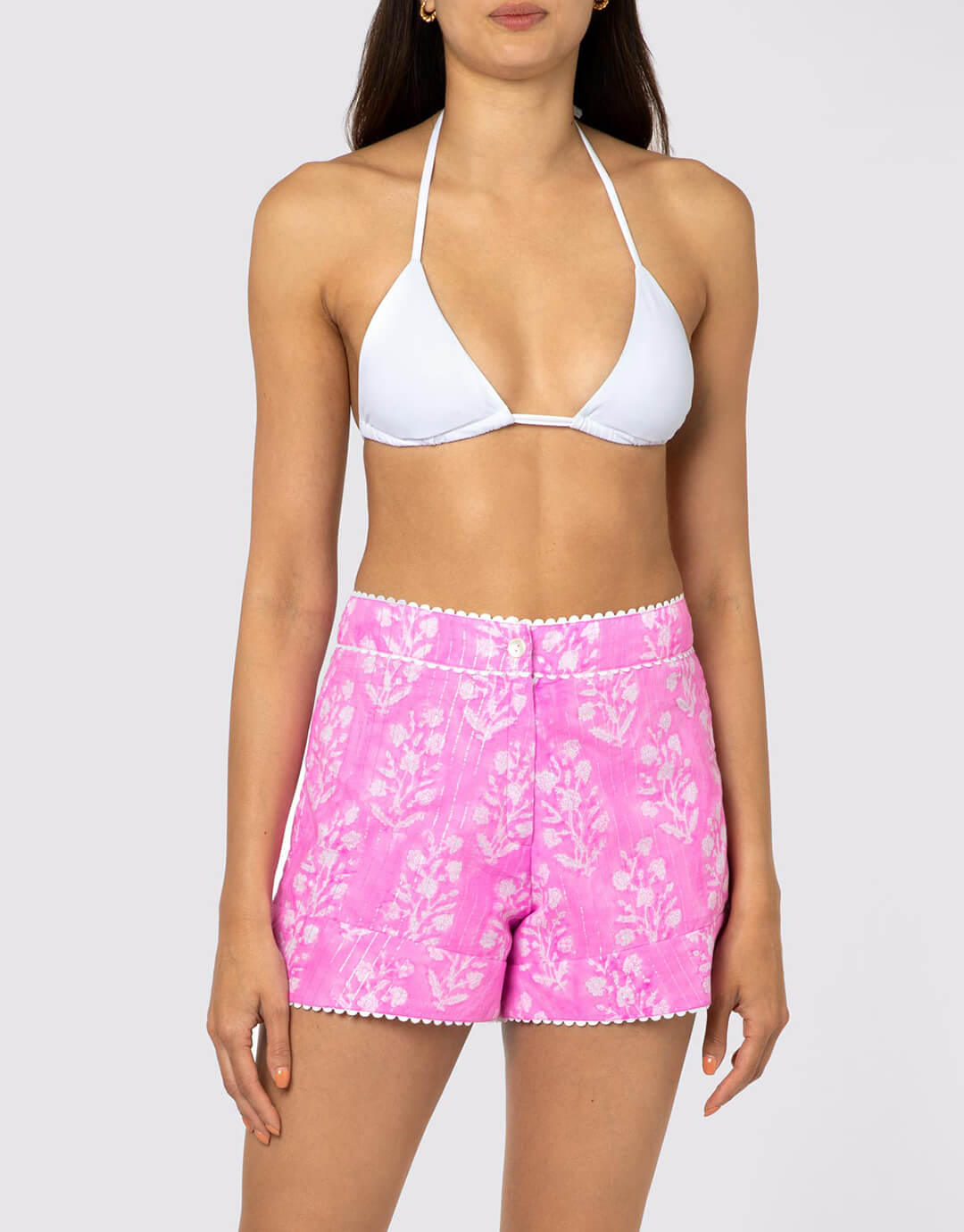 Small Flower Block Print High Waisted Shorts - Orchid - Simply Beach UK
