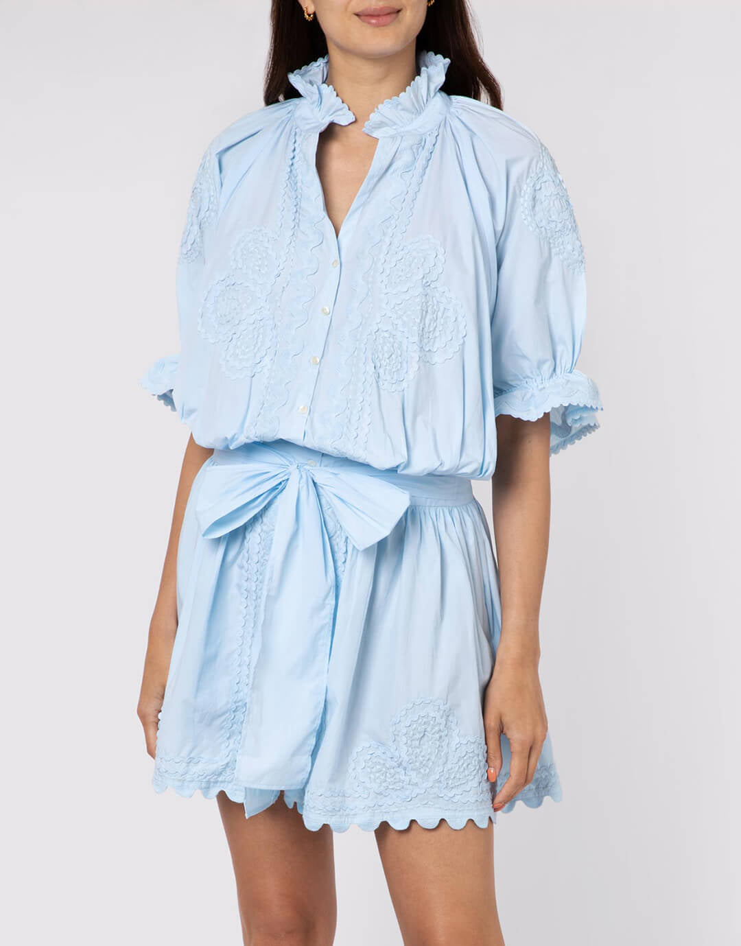 Poplin Blouson Dress with Ric-Rac Embroidery - Pale Blue - Simply Beach UK