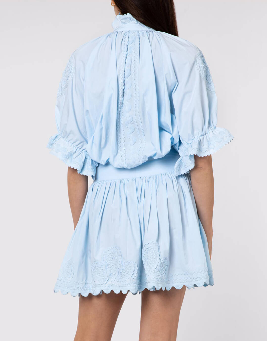 Poplin Blouson Dress with Ric-Rac Embroidery - Pale Blue - Simply Beach UK