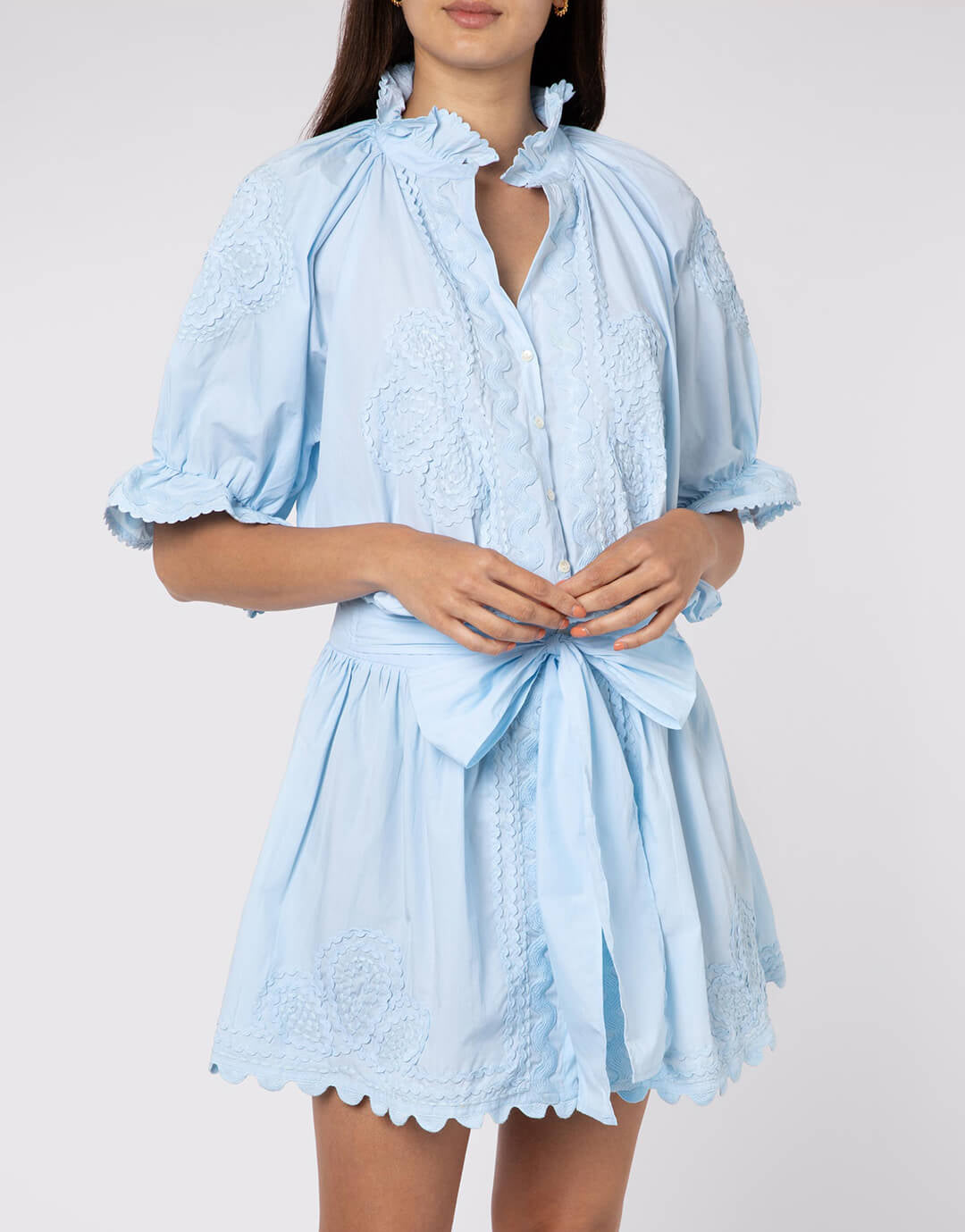 Poplin Blouson Dress with Ric-Rac Embroidery - Pale Blue - Simply Beach UK