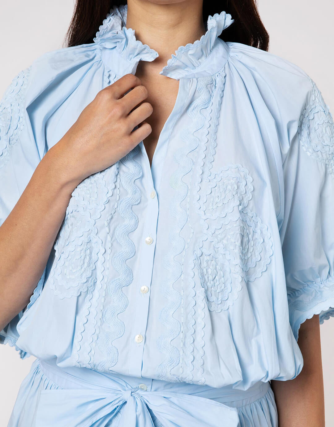 Poplin Blouson Dress with Ric-Rac Embroidery - Pale Blue - Simply Beach UK