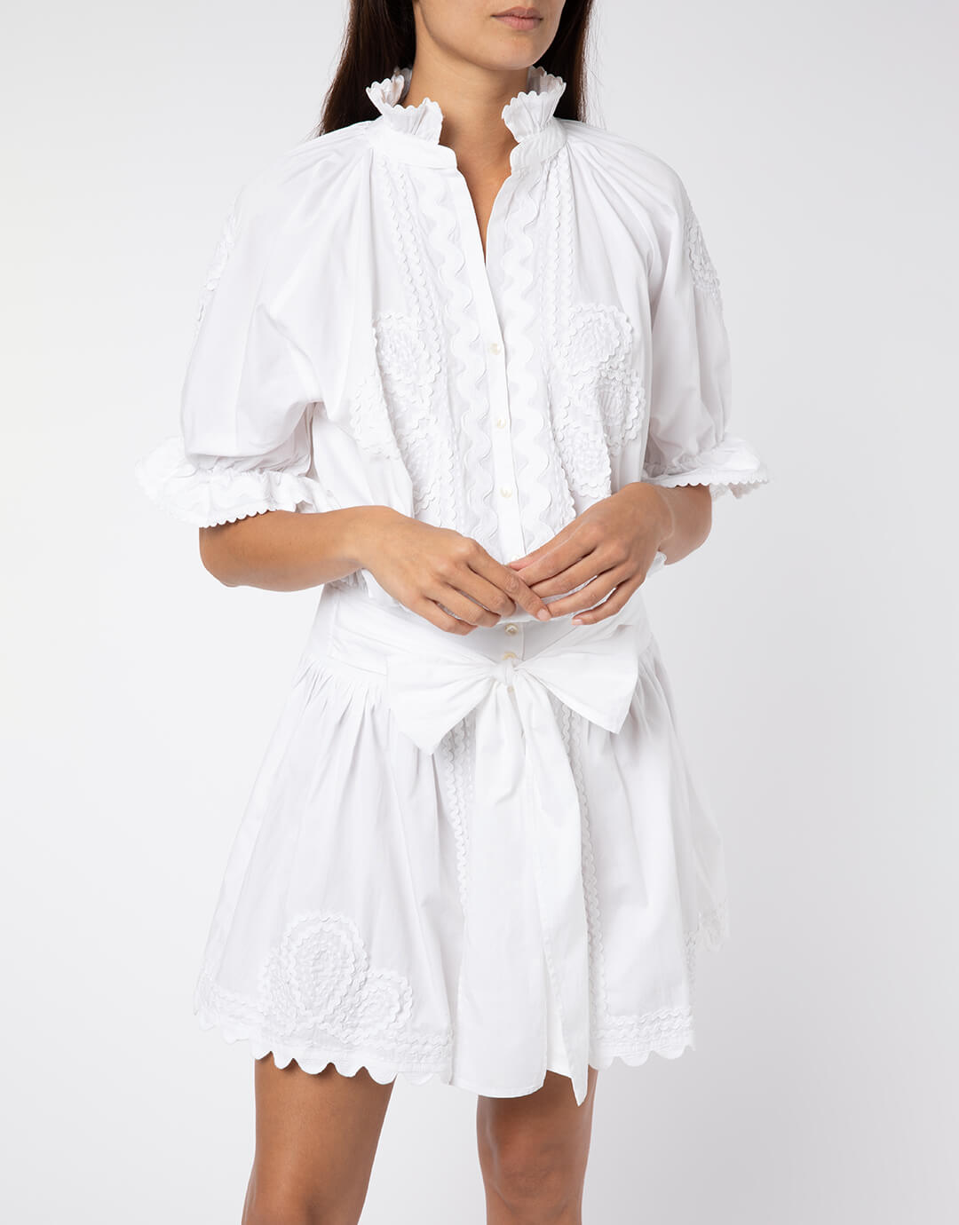 Poplin Blouson Dress with Ric-Rac Embroidery - White - Simply Beach UK
