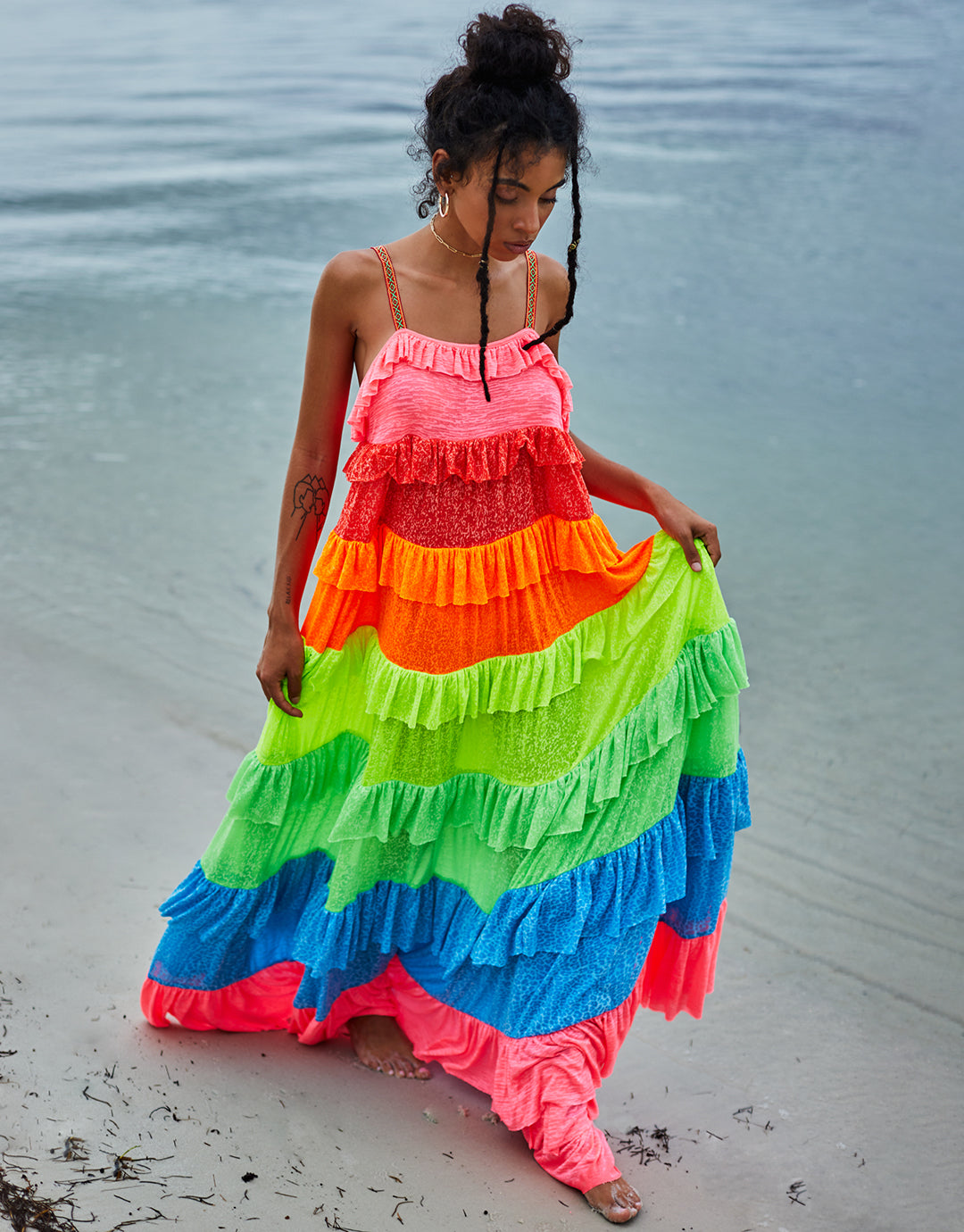 Pitusa Rainbow Ruffle Tiered Dress - Brights