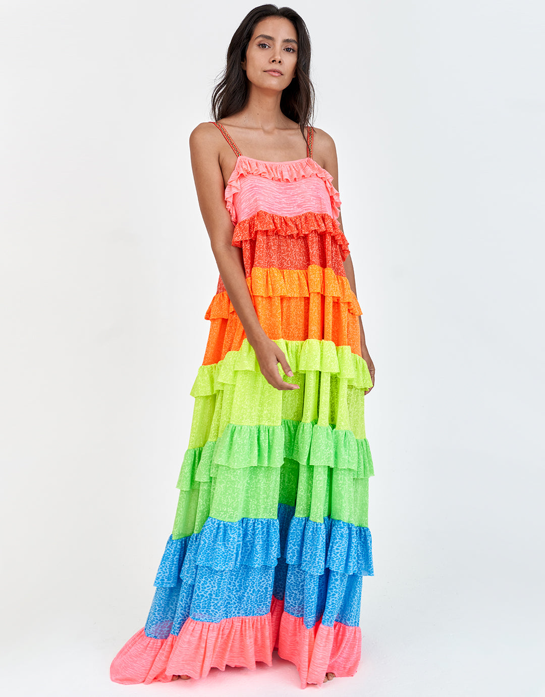 Pitusa Rainbow Ruffle Tiered Dress - Brights