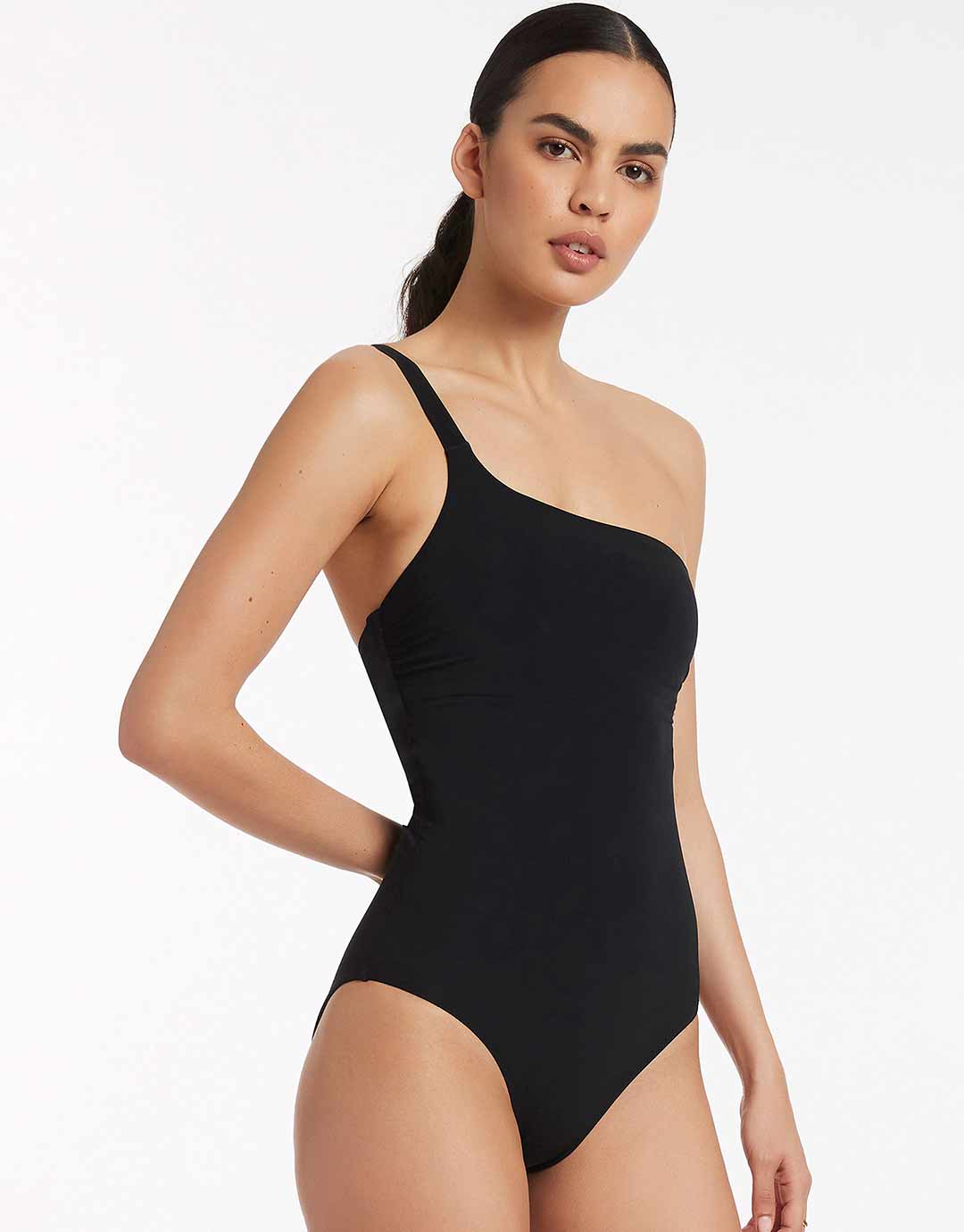 One shoulder swimsuit black outlet