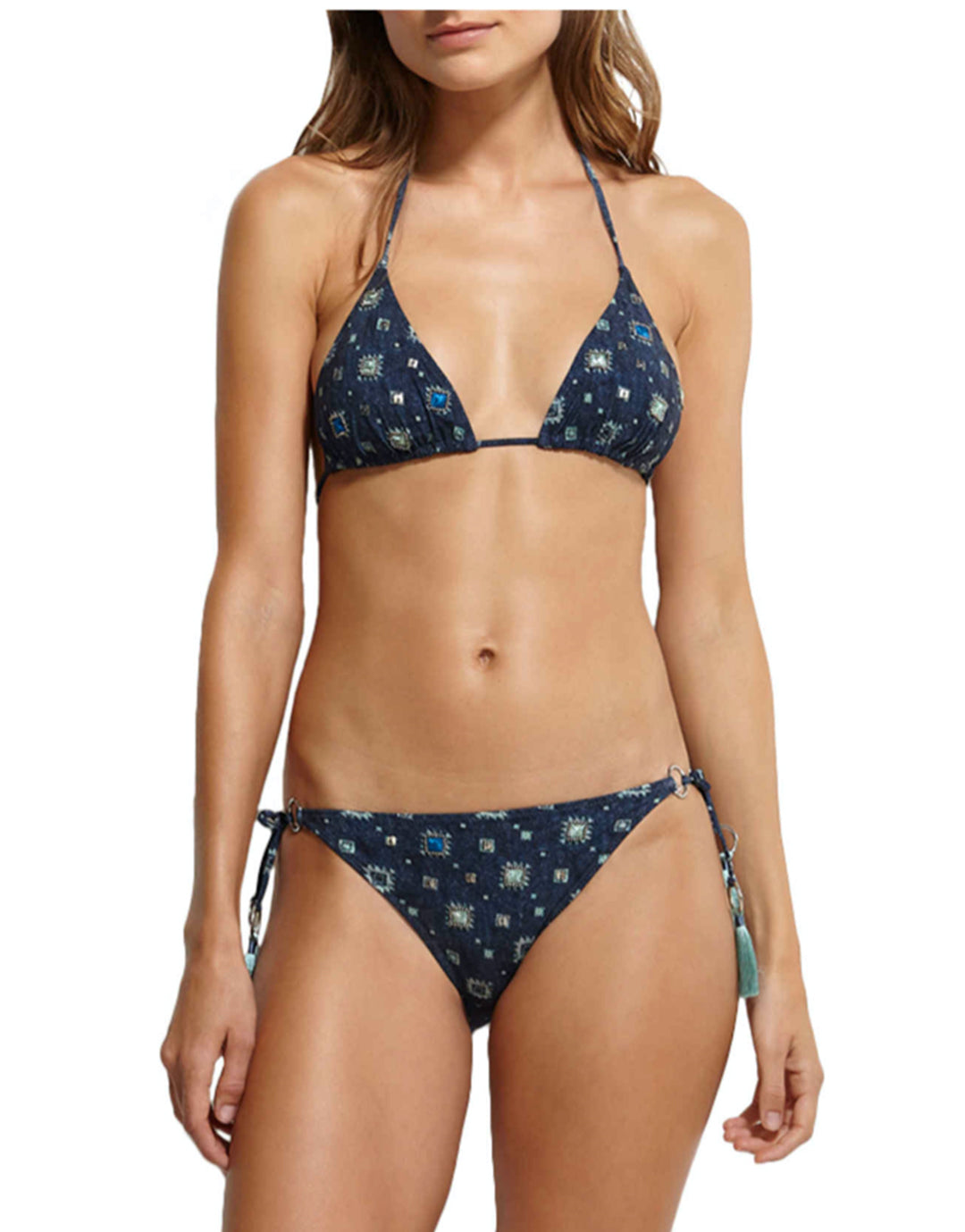 Watercult Denim Cues Tassel Tri Bikini Top